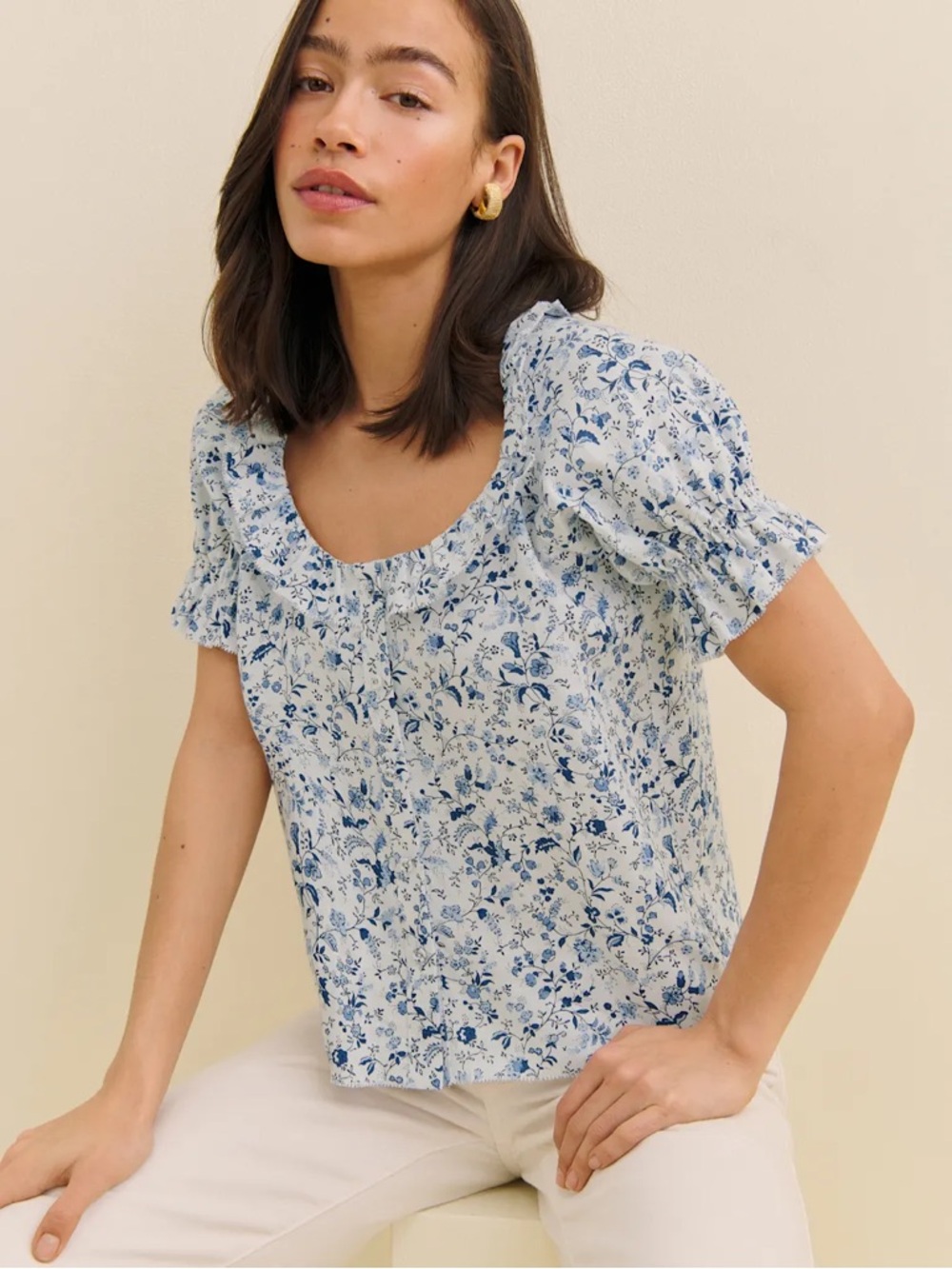 Reformation Sierra Linen Top - Blue Floral